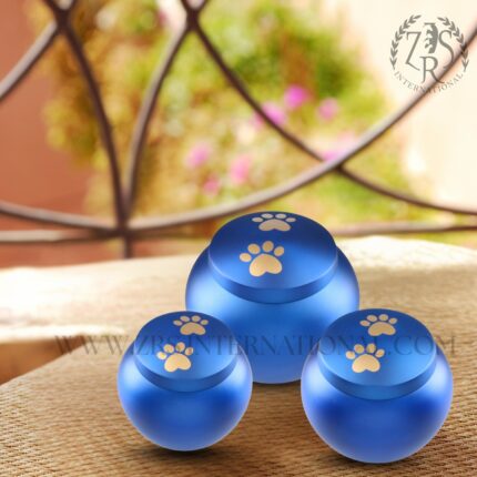 Set Of Three Funeral Mini Blue Pet Urns for Dogs Cats Ashes - Pet Urn Memorial, Dog Ashes - Brass Urn