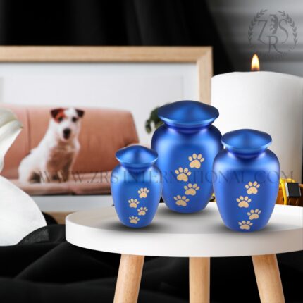 Set Of Three Blue Pet Urns for Dogs Cats Ashes - Pet Urn Memorial, Dog Ashes - Brass Urn