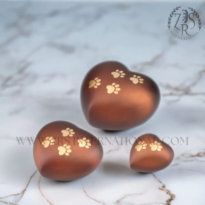 Set Of Three - Brown Heart-Paw Print and Gold Urn for Large Dog or Cat Ashes Cremains Memorial